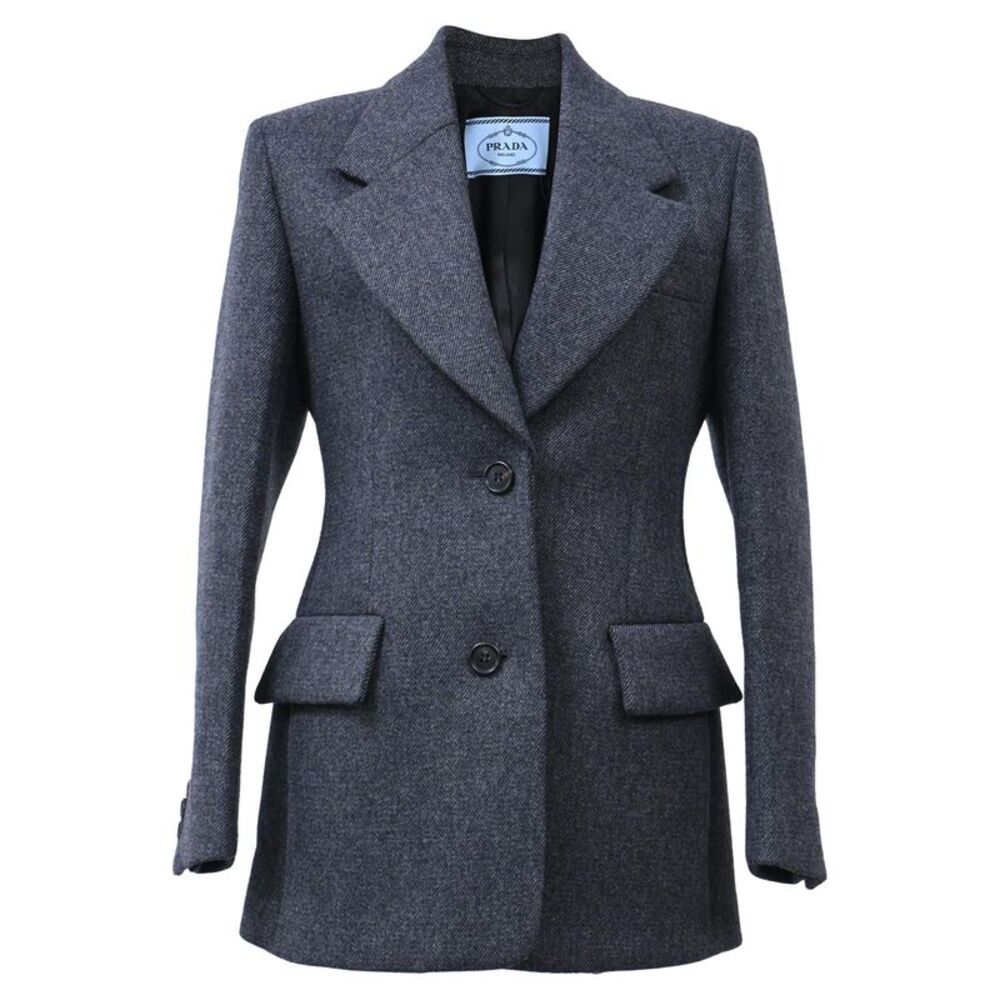 Prada Herringbone Single-Breasted Blazer with Pockets in Grey Wool